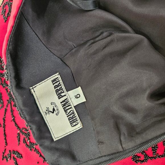 Rare Vintage 90s Christina Perrin Red Satin Beaded Floral Knee Length Skirt Sz 6 - Picture 5 of 7